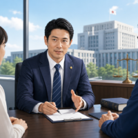 特定行政書士が行政処分に悩む事業者から審査請求の相談を受ける様子