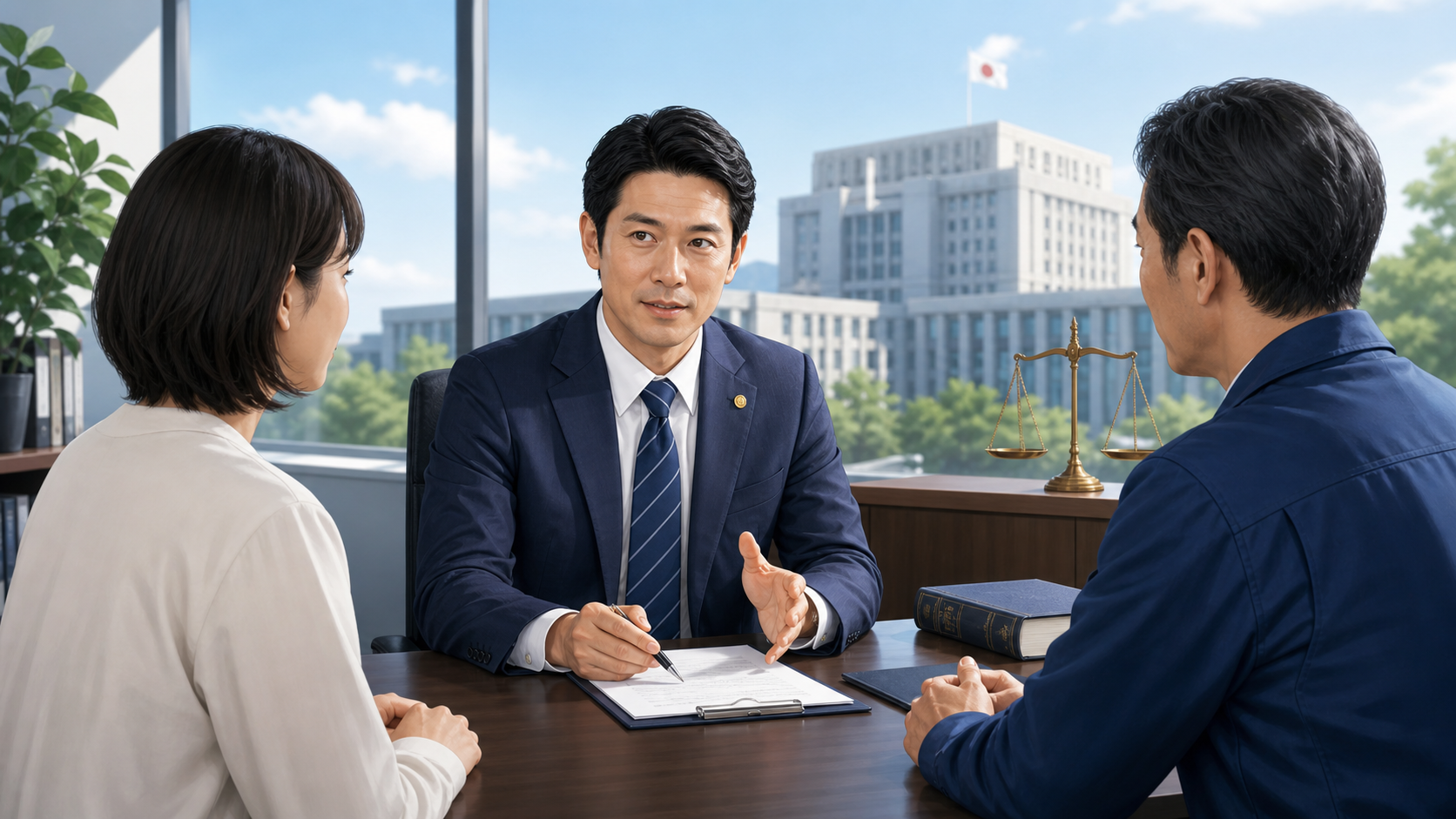 特定行政書士が行政処分に悩む事業者から審査請求の相談を受ける様子