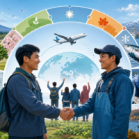 農業と漁業における季節型育成就労と毎年の一時帰国を表すイメージ