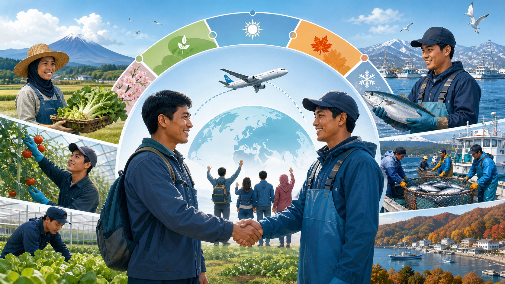 農業と漁業における季節型育成就労と毎年の一時帰国を表すイメージ