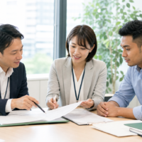 特定技能外国人の受入れ企業と登録支援機関が届出書類を確認する様子