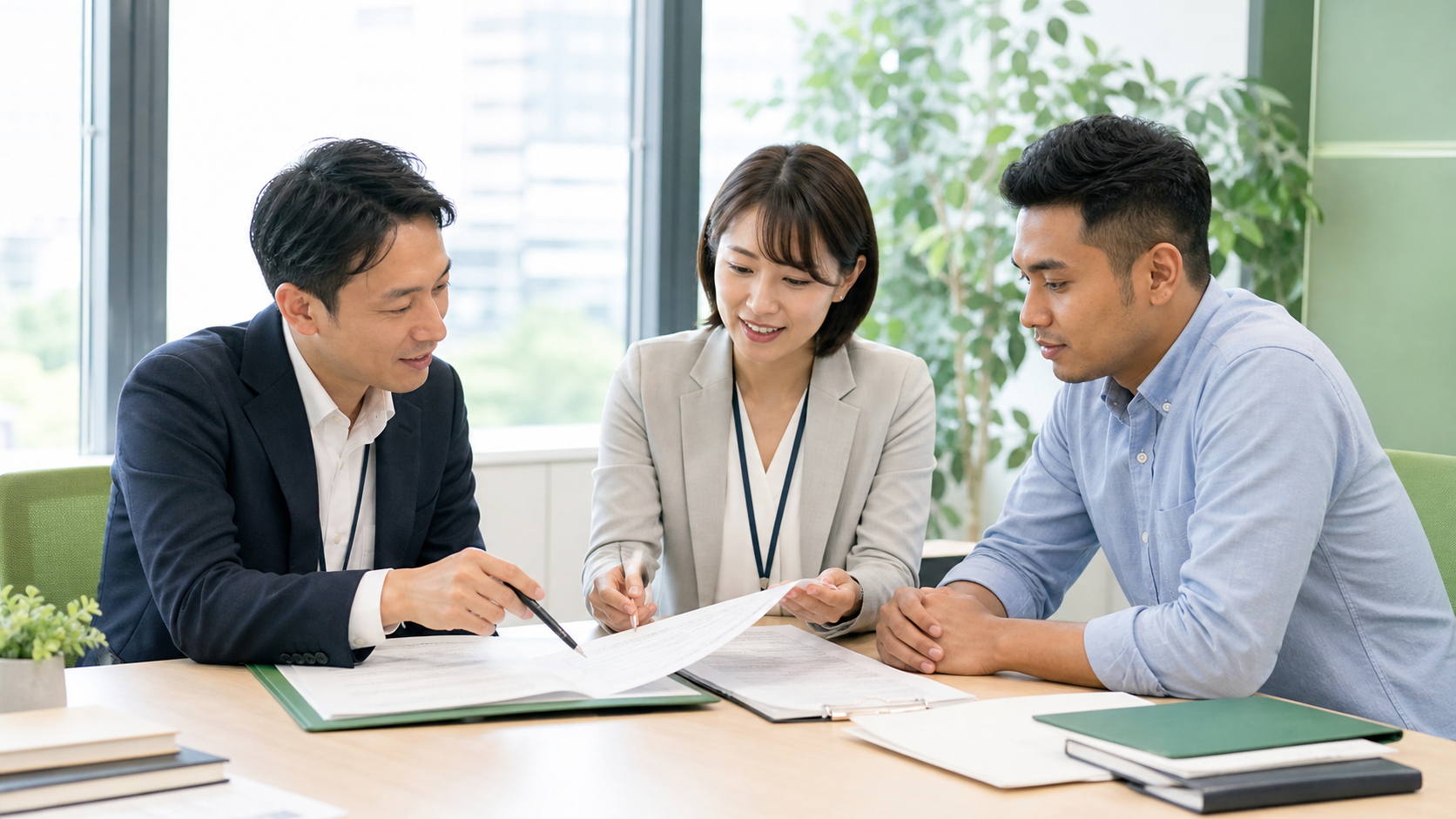 特定技能外国人の受入れ企業と登録支援機関が届出書類を確認する様子