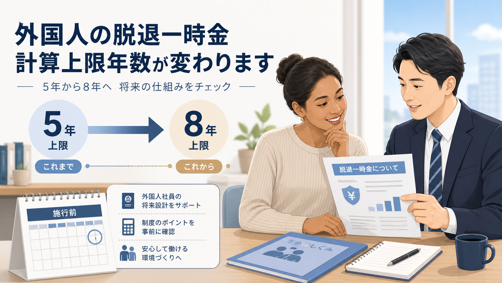 外国人の脱退一時金が現行5年から今後8年へ見直されることを説明するイラスト