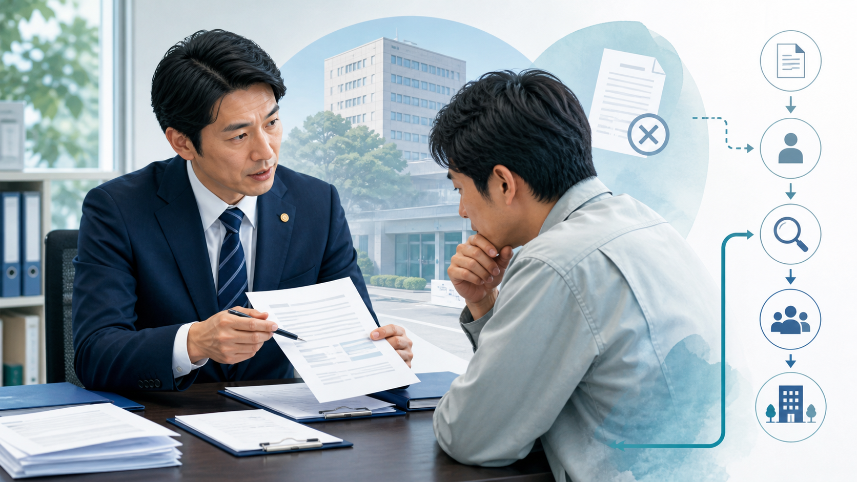 特定行政書士が不許可通知と審査請求の手続を相談者に説明する様子