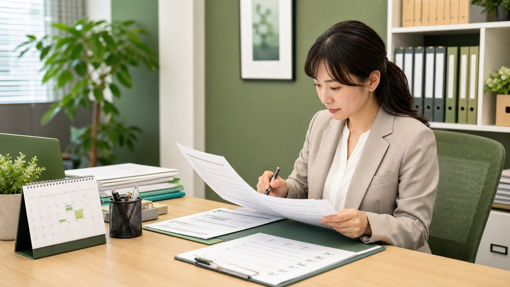 特定技能所属機関の担当者が届出書類と期限を確認する様子