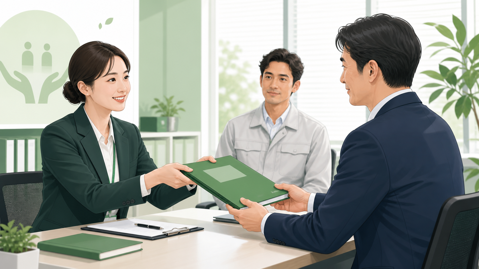 登録支援機関が受入れ企業へ支援実施状況の資料を渡す様子