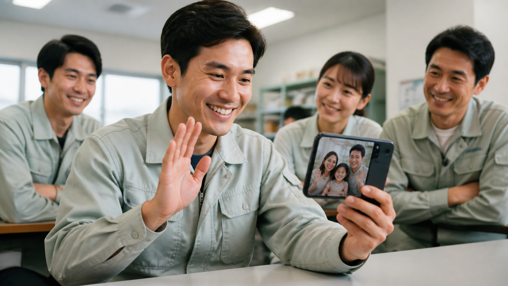 外国人従業員が日本の職場の様子を母国の家族とオンラインで共有するイメージ