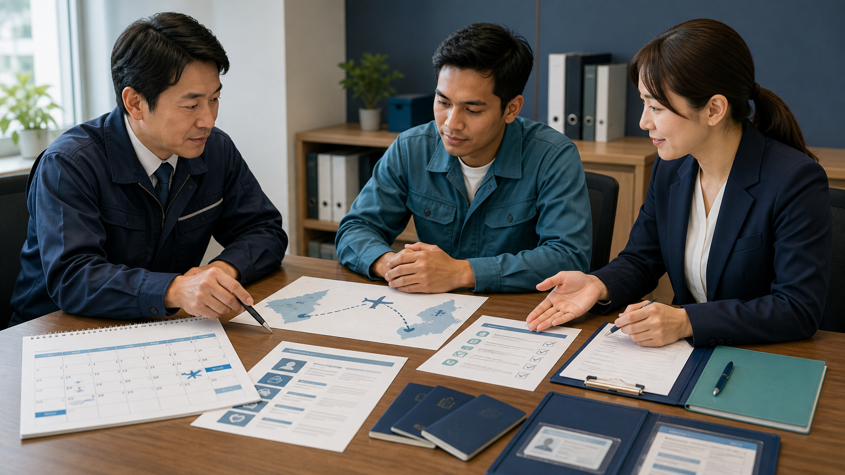 受入れ企業と監理支援機関が年間計画や渡航手続を確認する打合せ