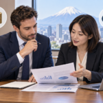 経営・管理ビザの新要件を確認する外国人経営者と企業担当者
