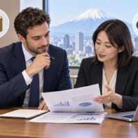 経営・管理ビザの新要件を確認する外国人経営者と企業担当者