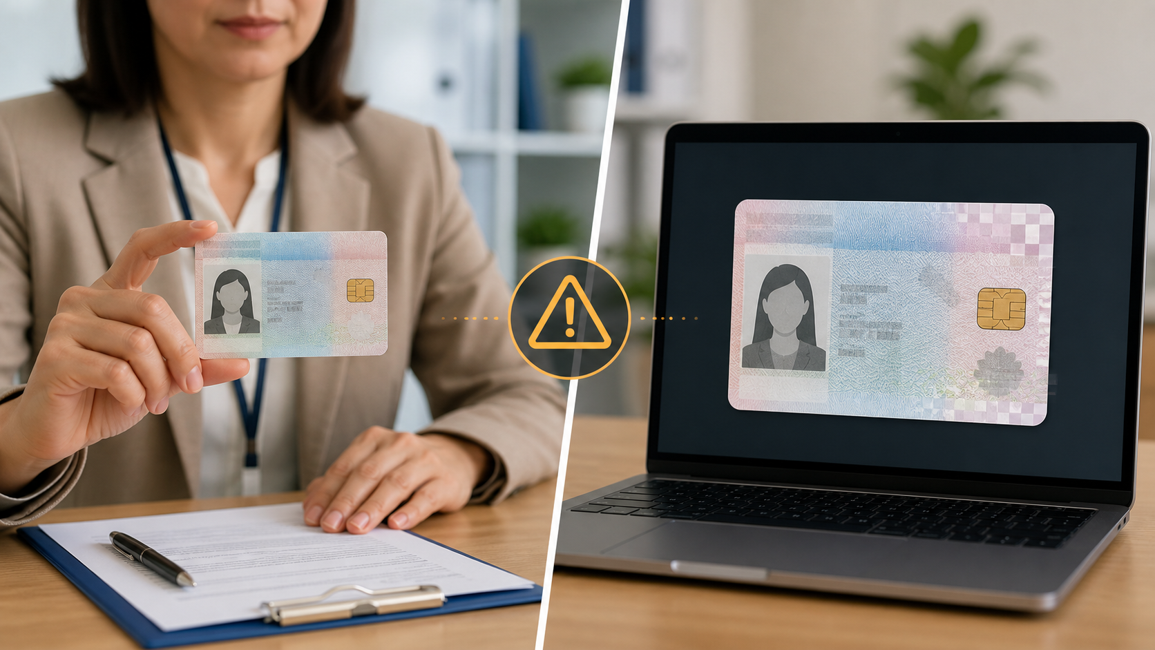 在留カードの原本と加工された画像の違いに注意する採用担当者