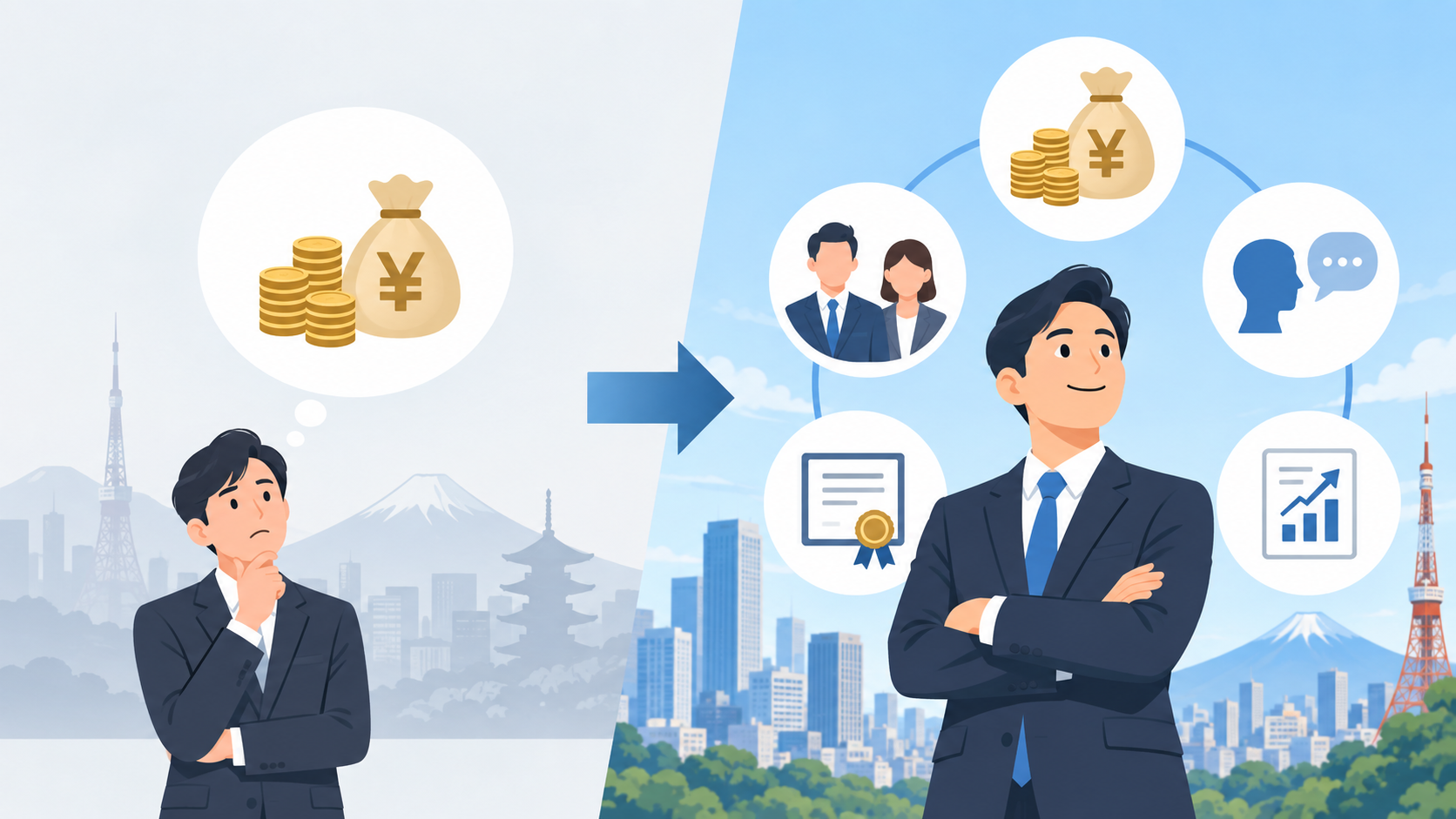 経営・管理ビザの改正前と改正後を比較するイメージ
