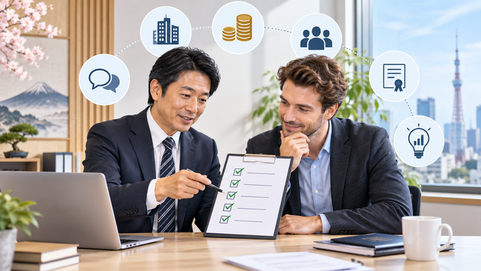 経営・管理ビザ申請前のチェック項目を確認する企業担当者