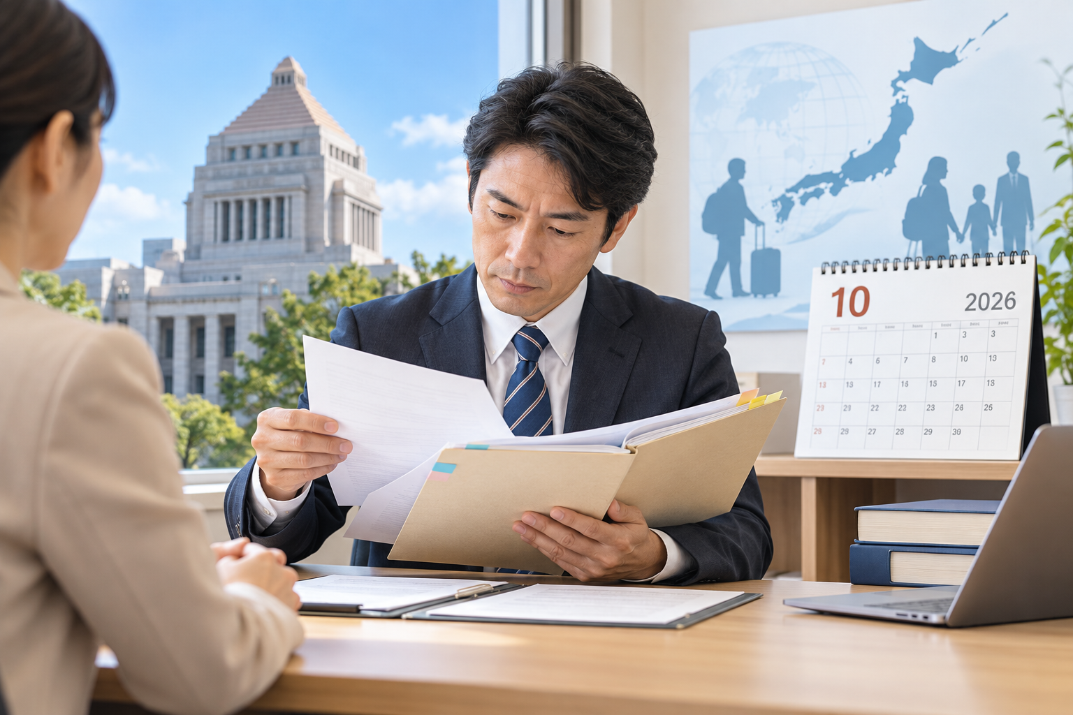 2026年10月改定の永住許可ガイドラインを確認する申請者と専門家