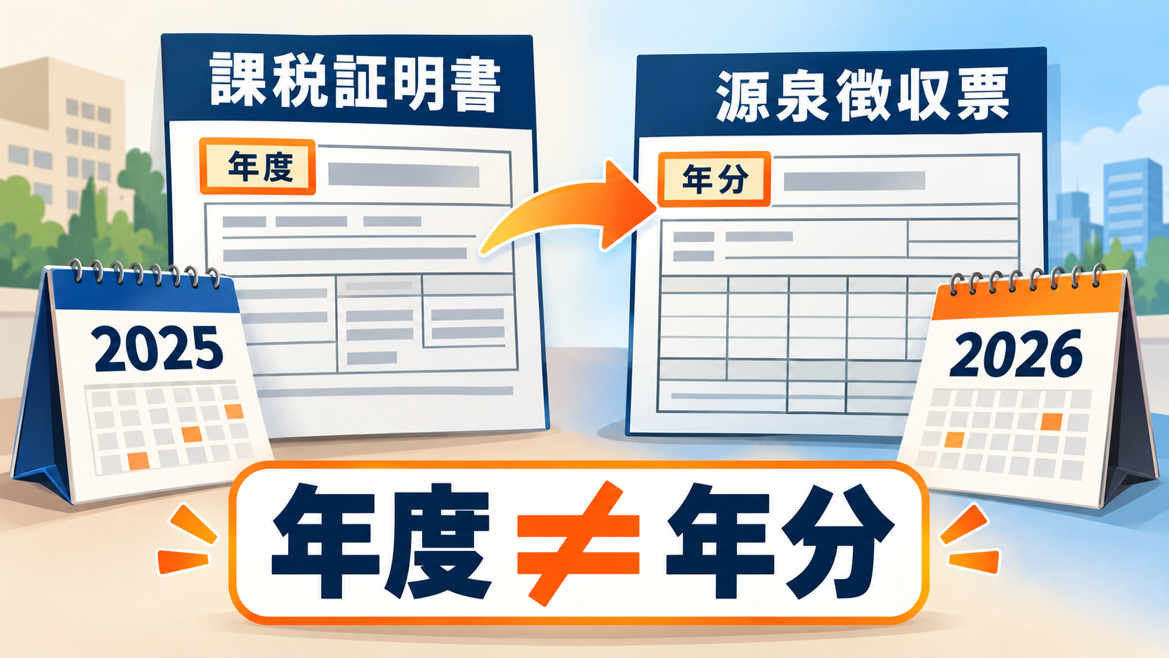 納税証明書と課税証明書の年度、源泉徴収票の年分の対応を示す図