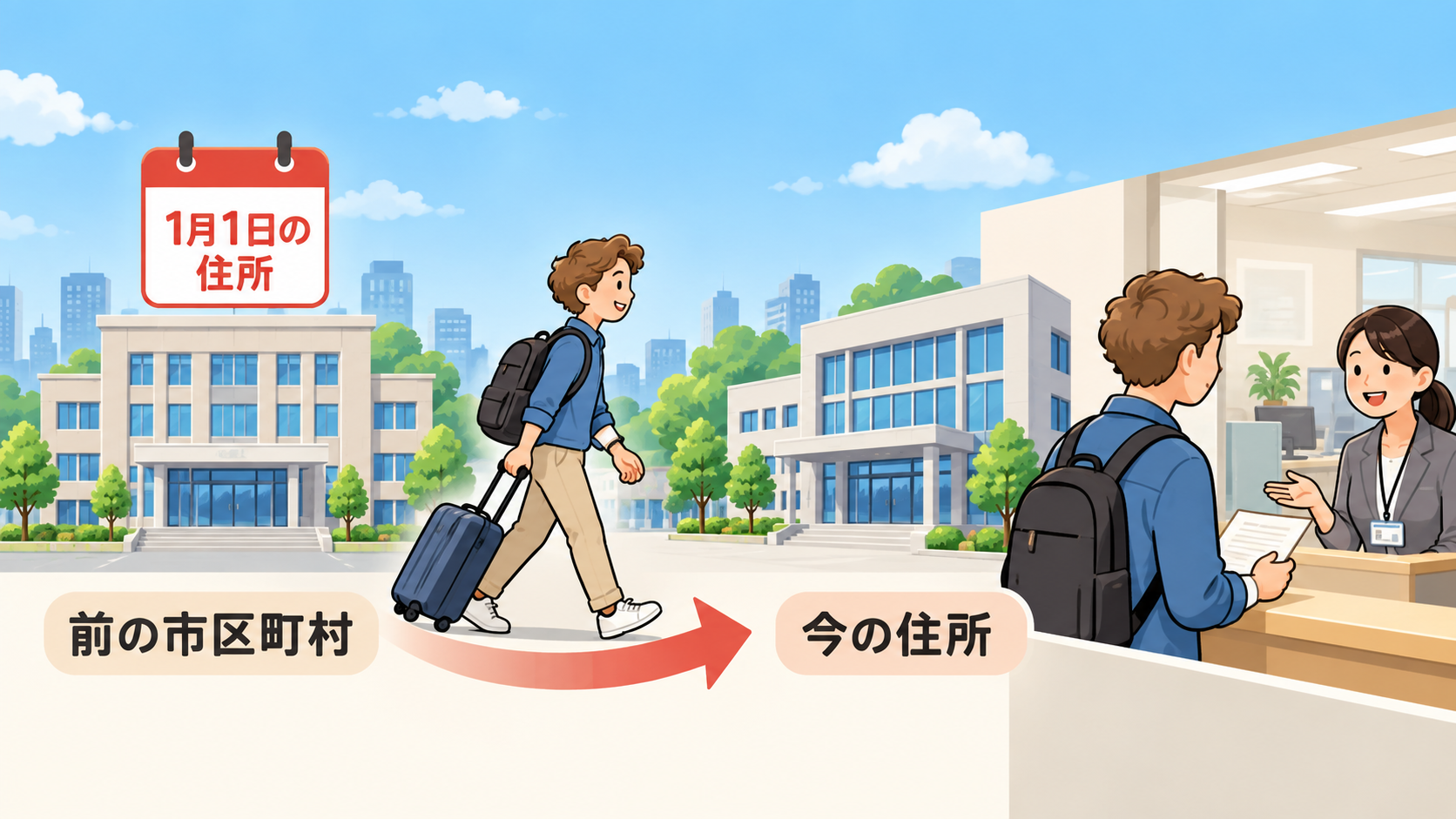 引っ越し前後で住民税の証明書を取得する市区町村が変わることを示す図